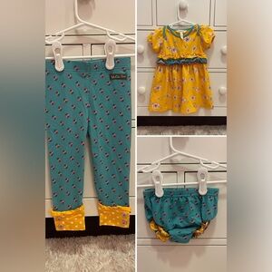 Matilda Jane NWOT Baby Girl 3 Piece Outfit - Dress, Bloomers, & Leggings